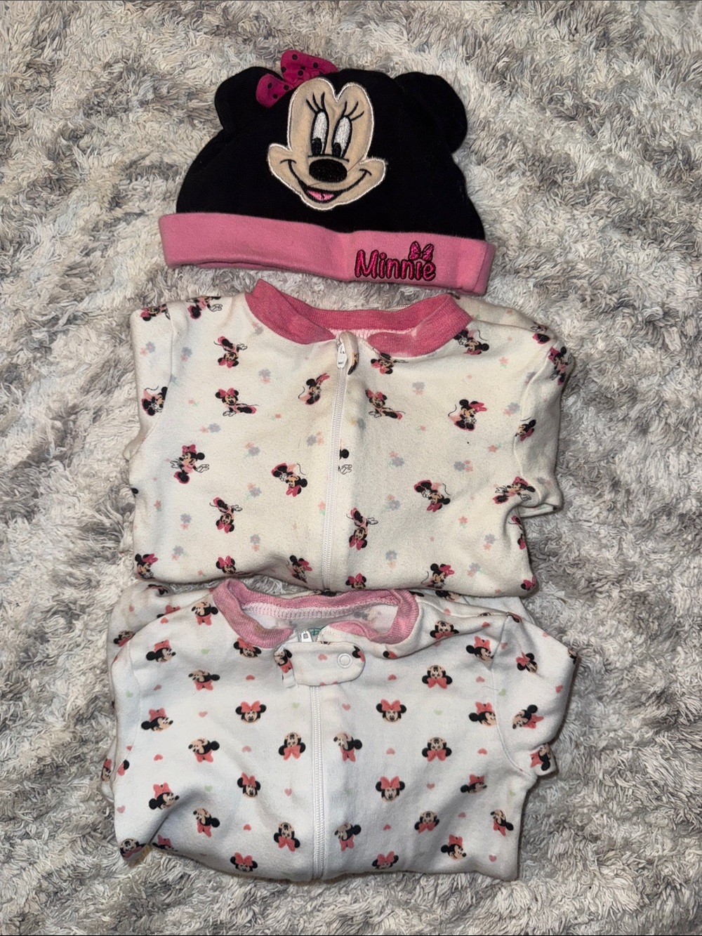 0-3M vintage Disney Baby Minnie Mouse Pink-Trim Footed One-PC Pajamas (2-pack)
